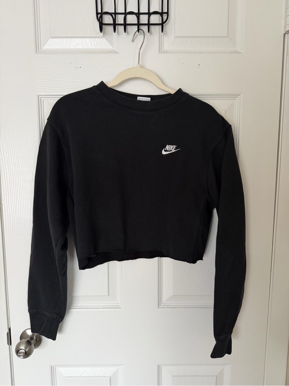 Nike Women's Black Cropped Crew Sweatshirt with White Swoosh